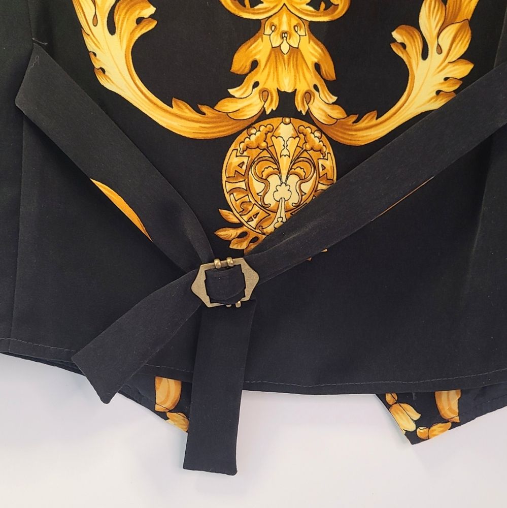 River thai yellow and black baroque print 100% silk vest size small S unisex - Picture 6 of 10